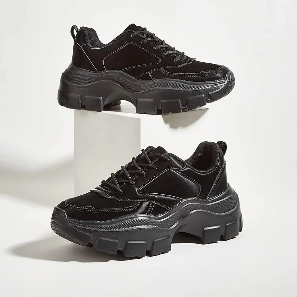Women Black Platform Fuchsia Hologram Casual Lace-Up Sneakers